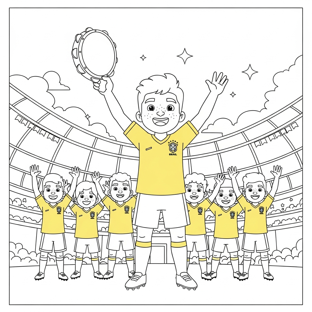Desenho de selecao brasileira para colorir tocando pandeiro sorrindo em lanchonete bar com TV ligada