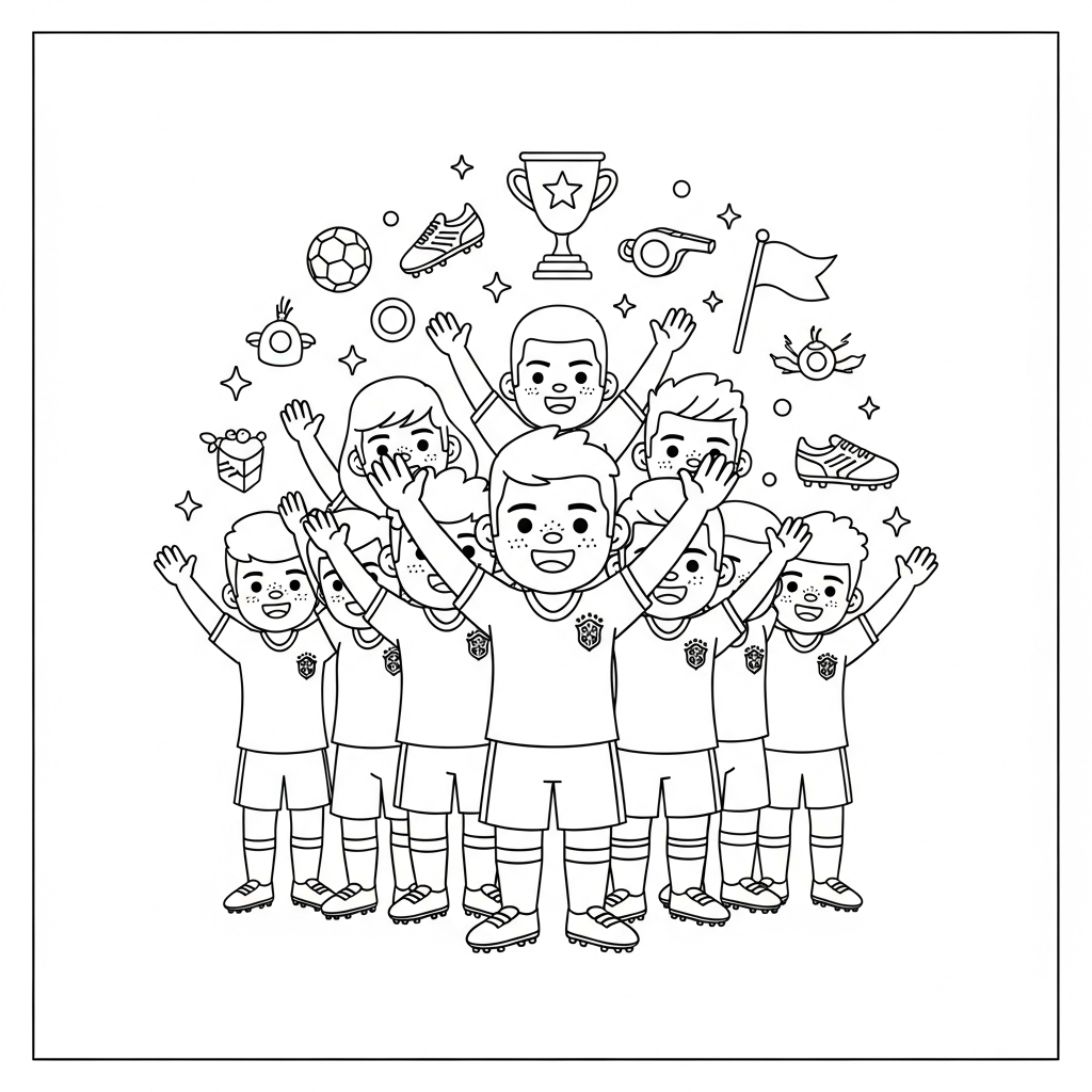 Desenho de seleção brasileira para colorir escondida atrás das mãos no campo com gols