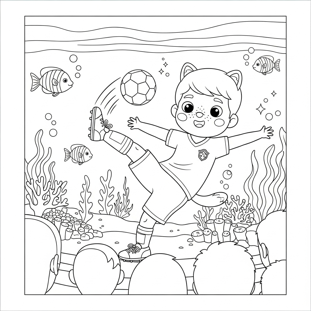 Desenho de seleção brasileira para colorir chutando de letra no fundo do mar.