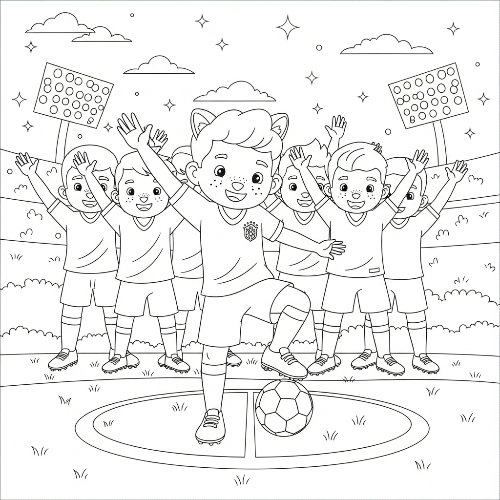 Desenho de selecao brasileira para colorir pedalando sobre a bola no círculo central