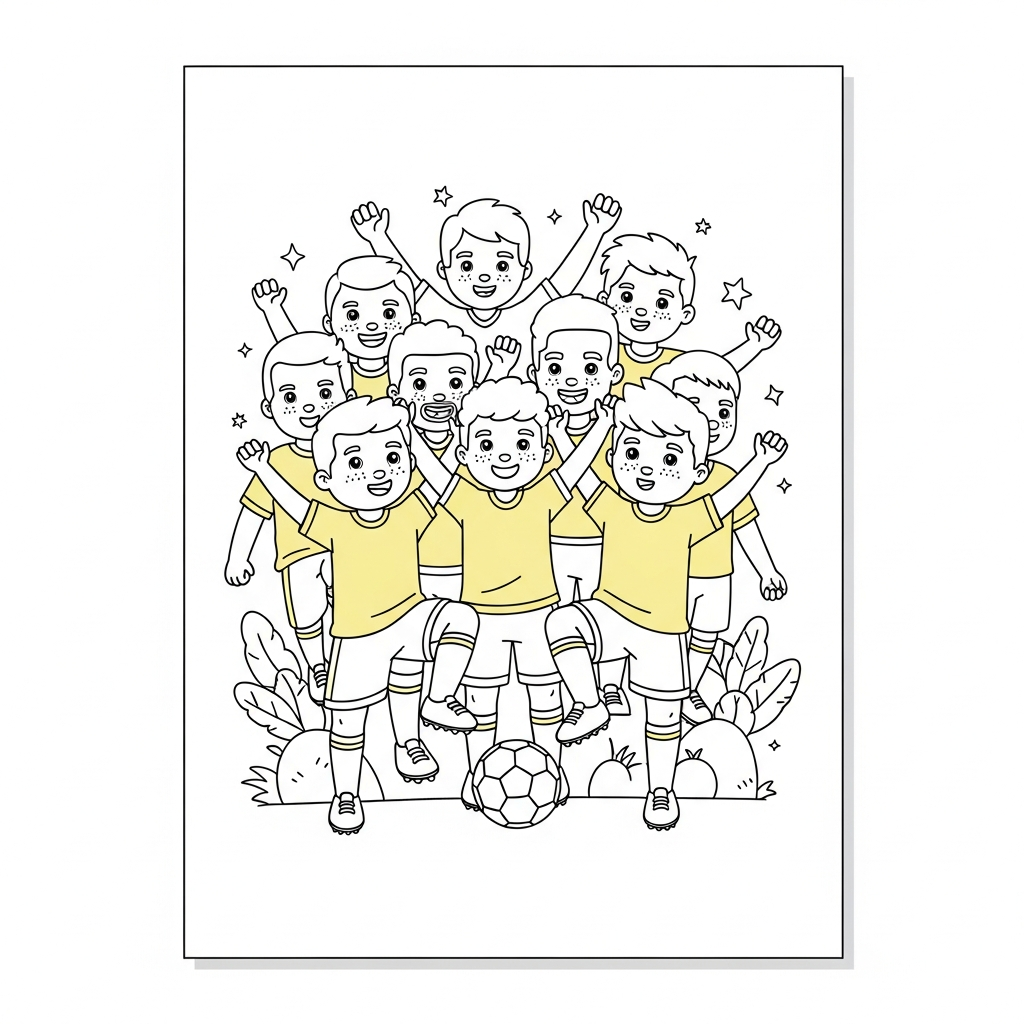 Desenho de seleção-brasileira para colorir amortecendo bola na coxa em campo com gols.