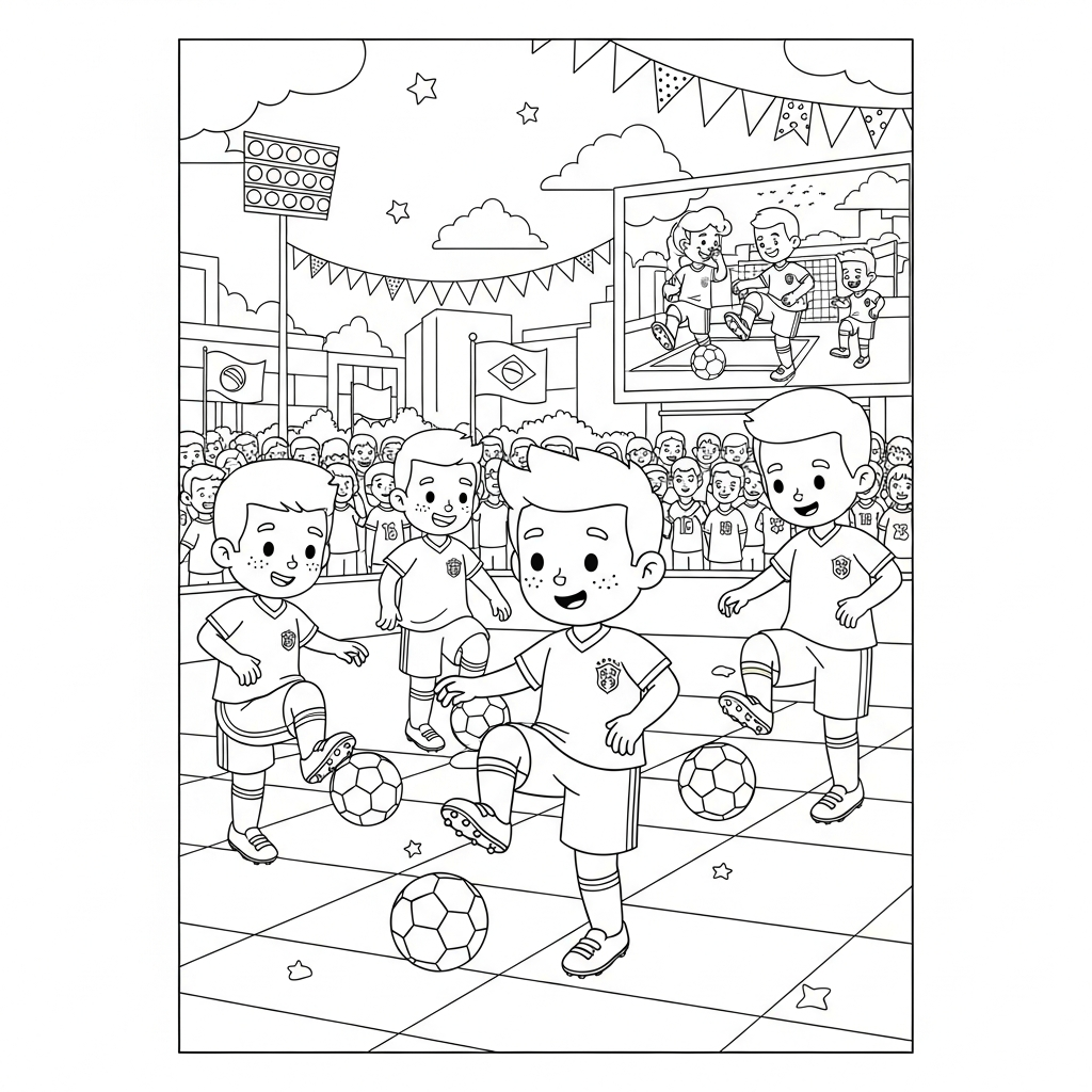 Desenho de seleção brasileira para colorir fazendo embaixadinhas na praça com telão gigante