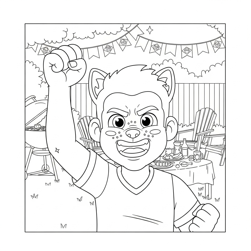 Desenho de seleção brasileira para colorir comemorando gol com punho cerrado em churrasco brasileiro.