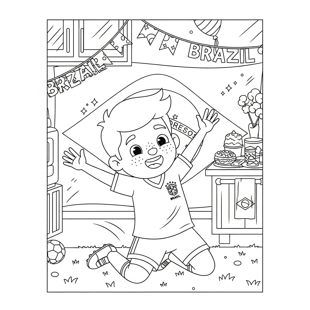 Desenho de selecao brasileira para colorir deslizando de joelhos no gramado em cozinha decorada para a Copa