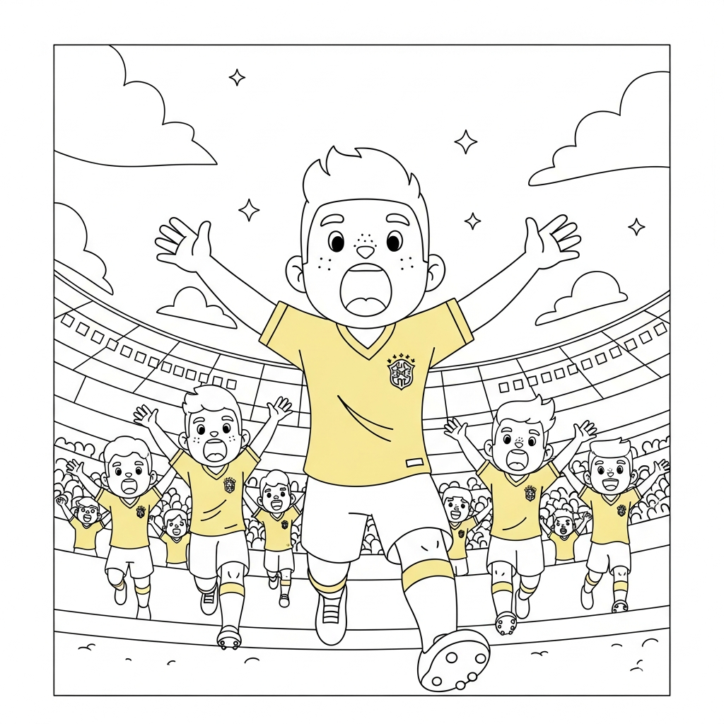 Desenho de selecao brasileira para colorir correndo até a torcida em parque ensolarado com árvores