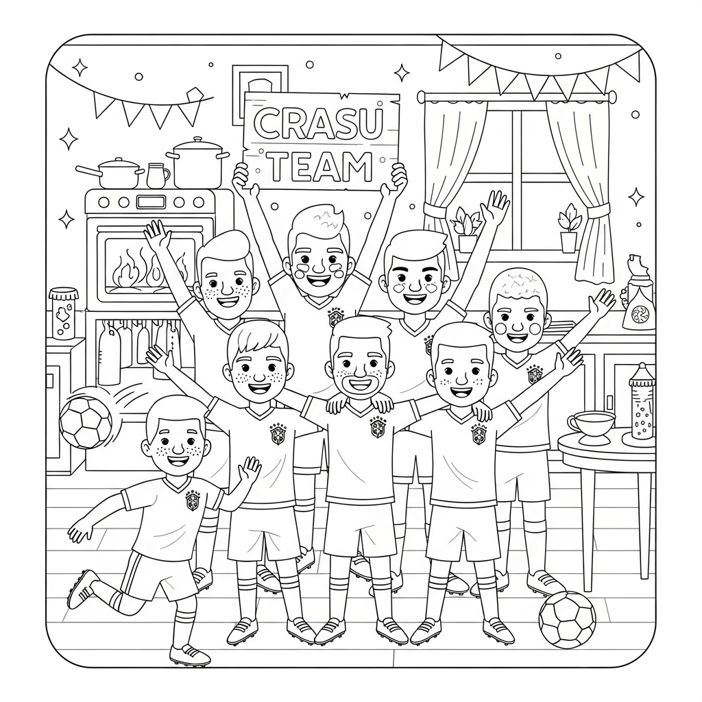 Desenho de seleção brasileira para colorir segurando cartolina com mensagem na cozinha.