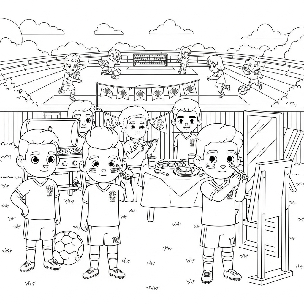 Desenho de selecao brasileira para colorir pintando o rosto em churrasco decorado no quintal