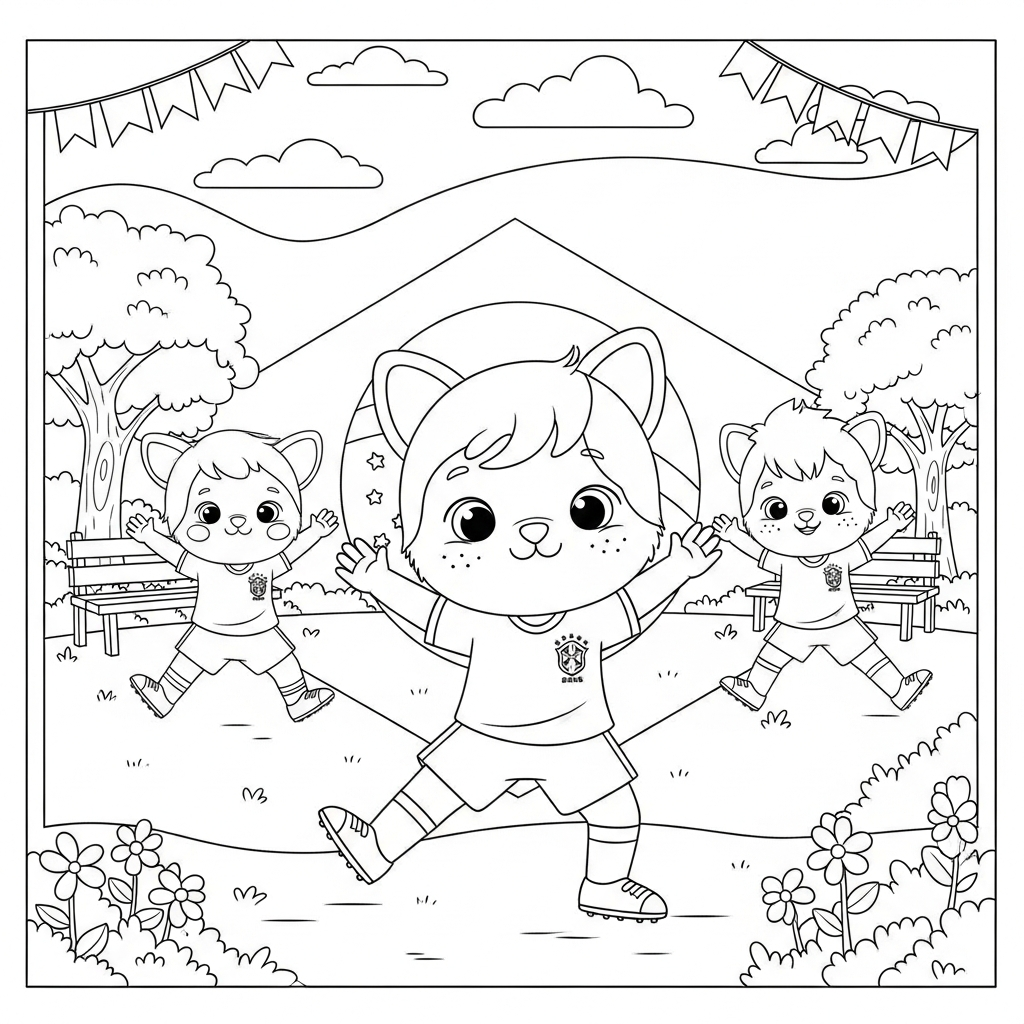 Desenho de seleção-brasileira para colorir fazendo polichinelo em parque ensolarado com árvores