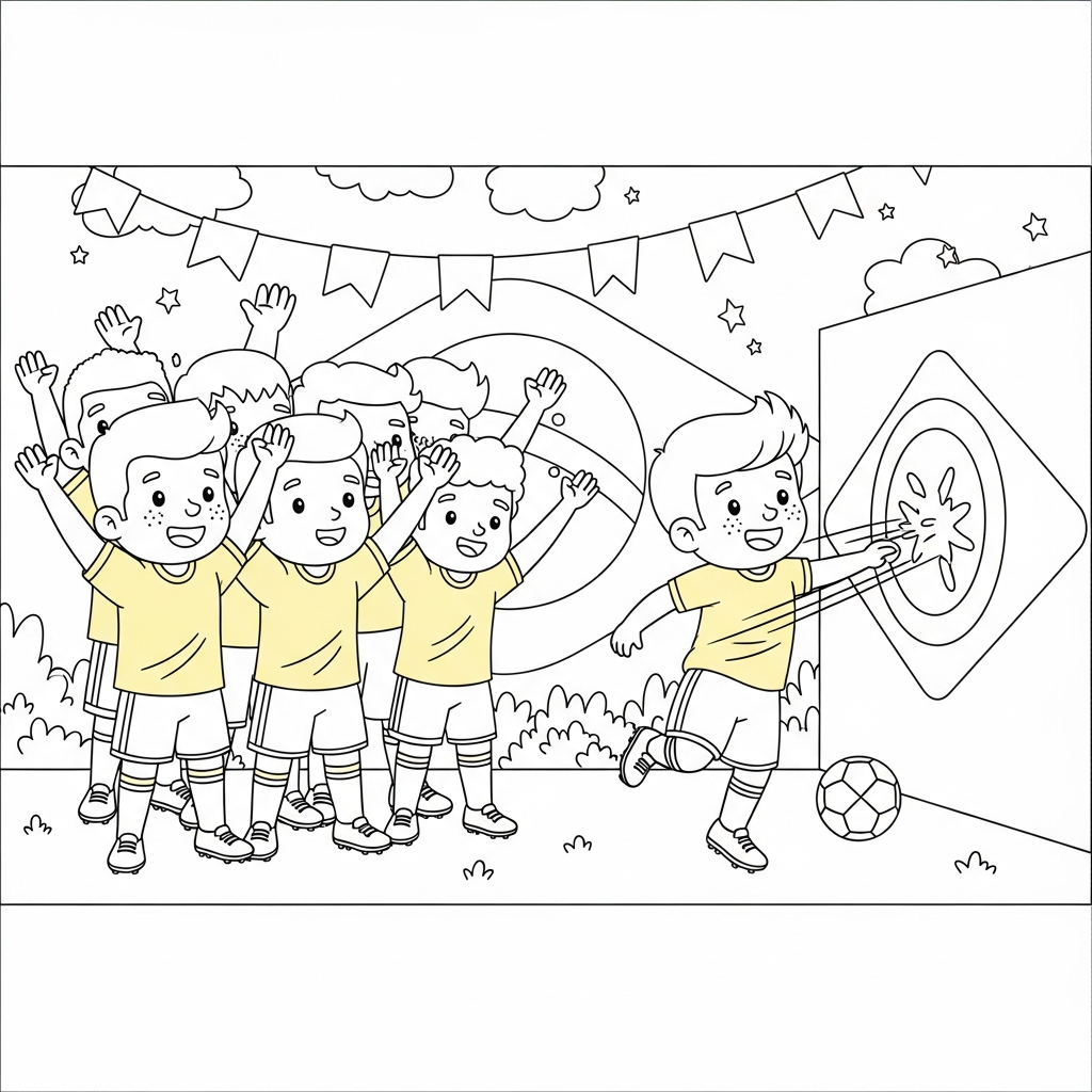 Desenho de seleção brasileira para colorir chutando contra alvo na parede em estádio lotado