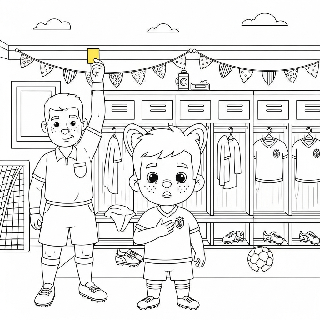 Desenho de seleção brasileira para colorir recebendo cartão amarelo no vestiário com armários