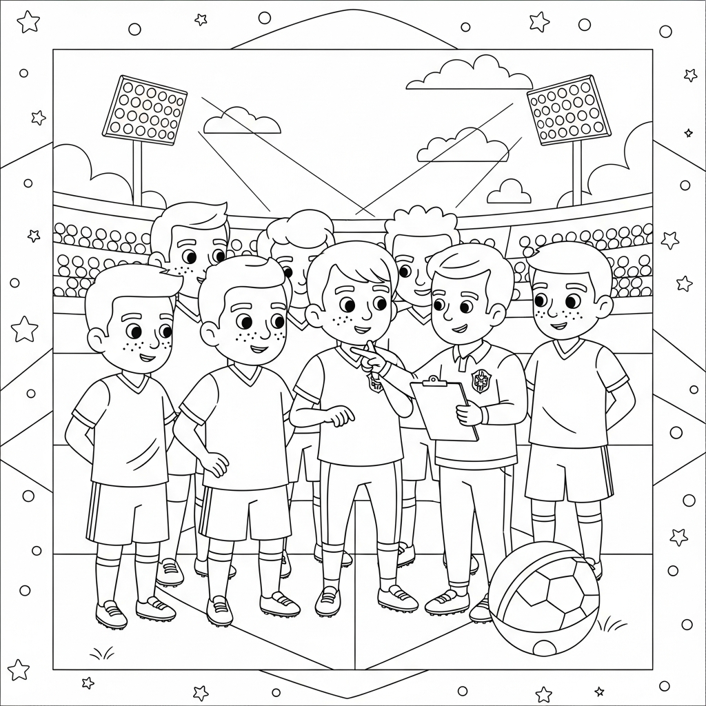 Desenho de seleção brasileira para colorir conversando com técnico à noite no estádio iluminado