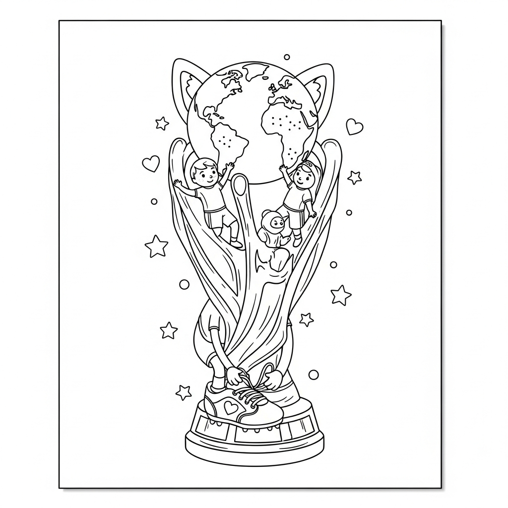 Desenho de trofeu copa para colorir amarrando os cadarços com estrelinhas e corações.