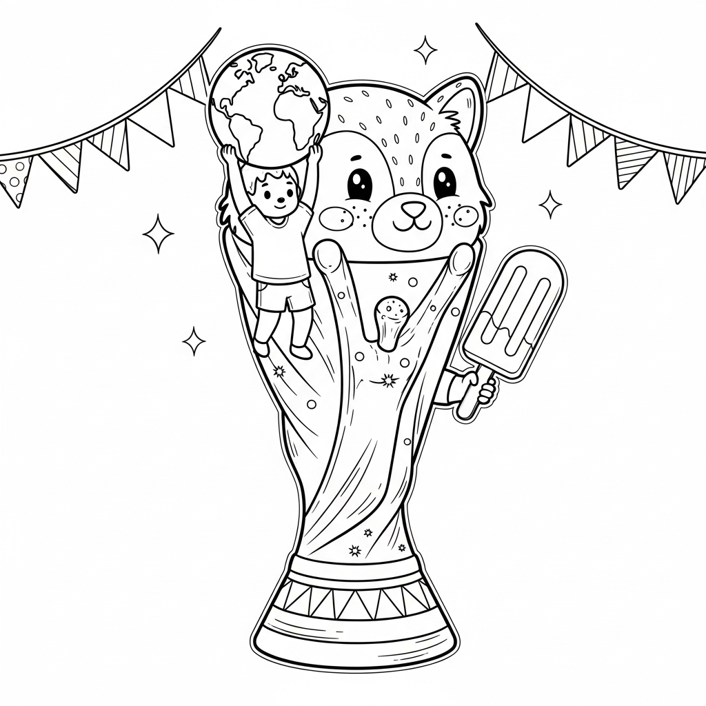 Desenho de trofeu copa para colorir segurando picolé com bandeirinhas de festa flutuando