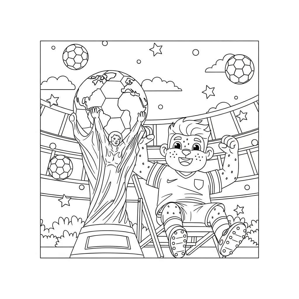 Desenho de troféu-copa para colorir descansando em cadeira de praia com bolas e estrelas
