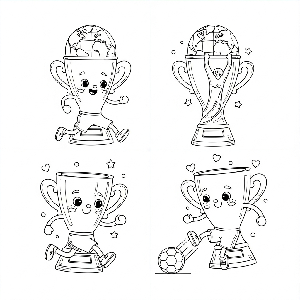Desenho de trofeu copa para colorir chutando de meia-volta com estrelinhas e corações.