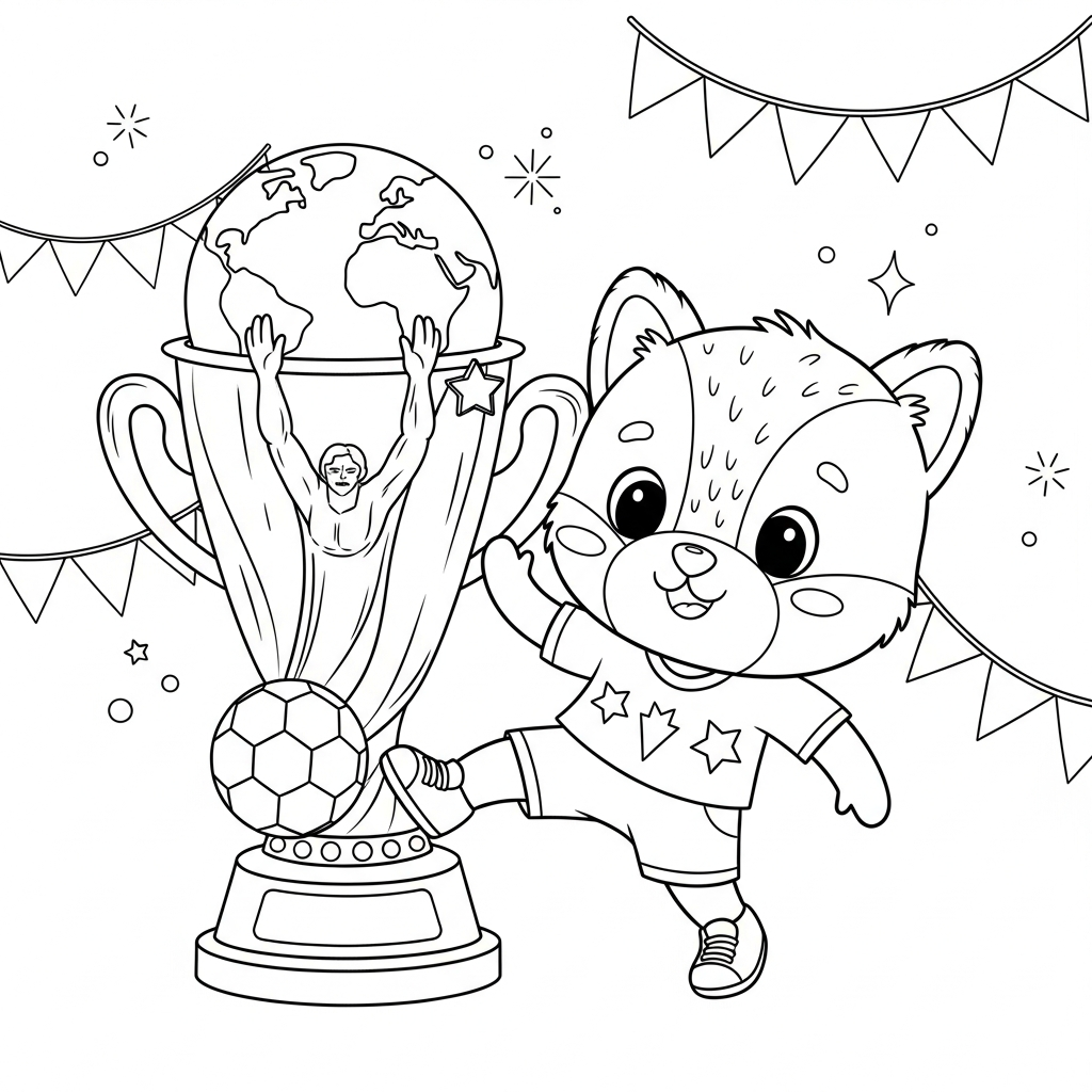 Desenho de trofeu copa para colorir desarmando com pé esquerdo sob bandeirinhas de festa