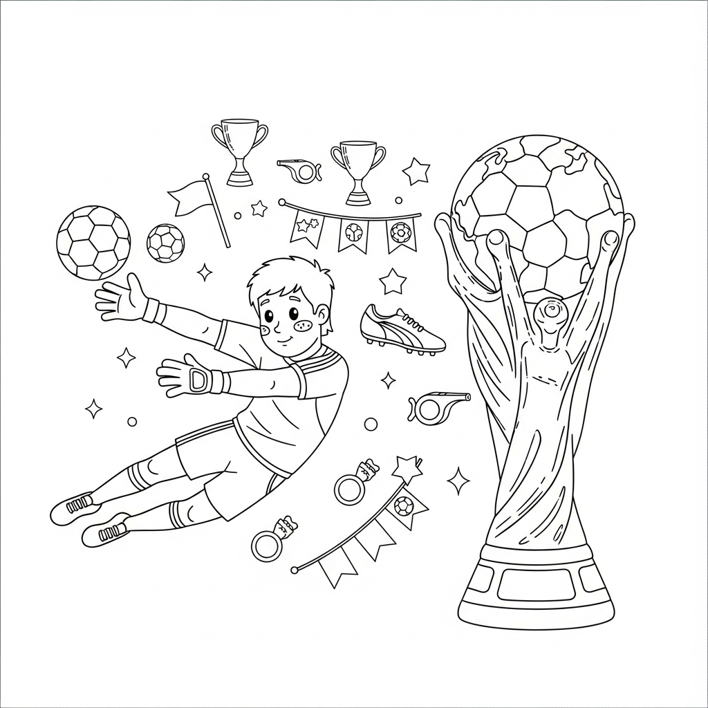 Desenho de trofeu copa para colorir defendendo com mergulho à esquerda entre estrelinhas e corações