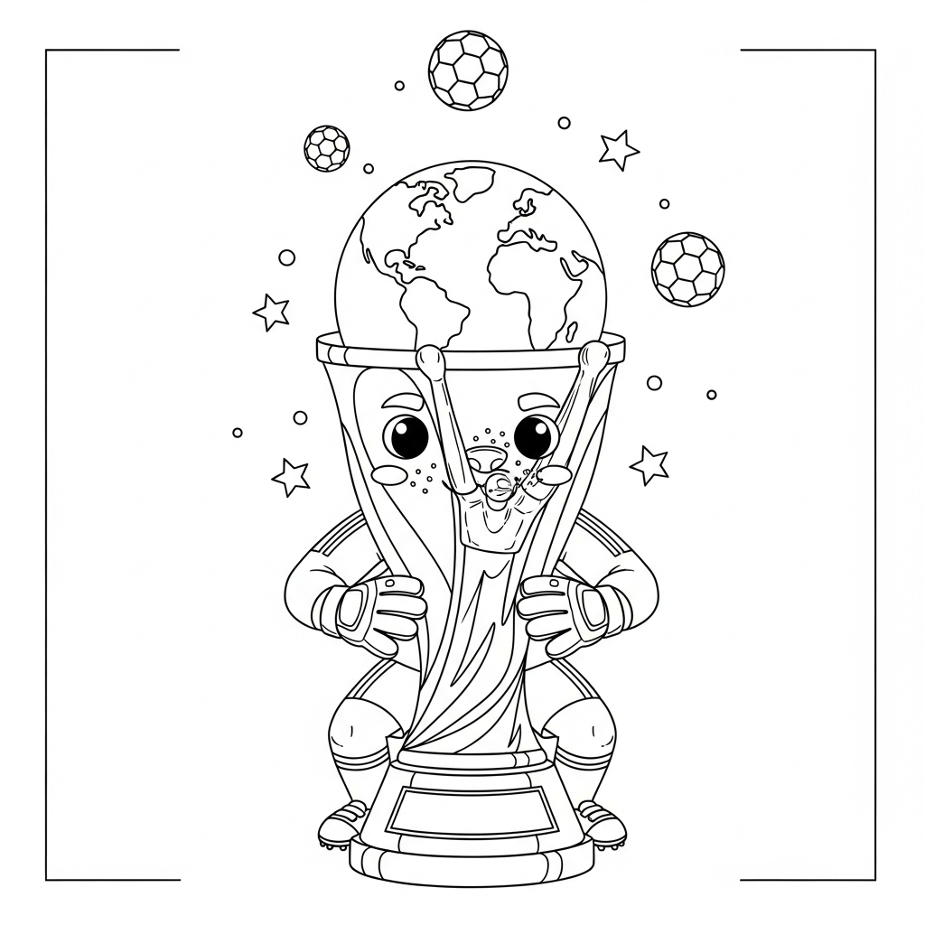 Desenho de trofeu copa para colorir em posição de base com bolas e estrelas