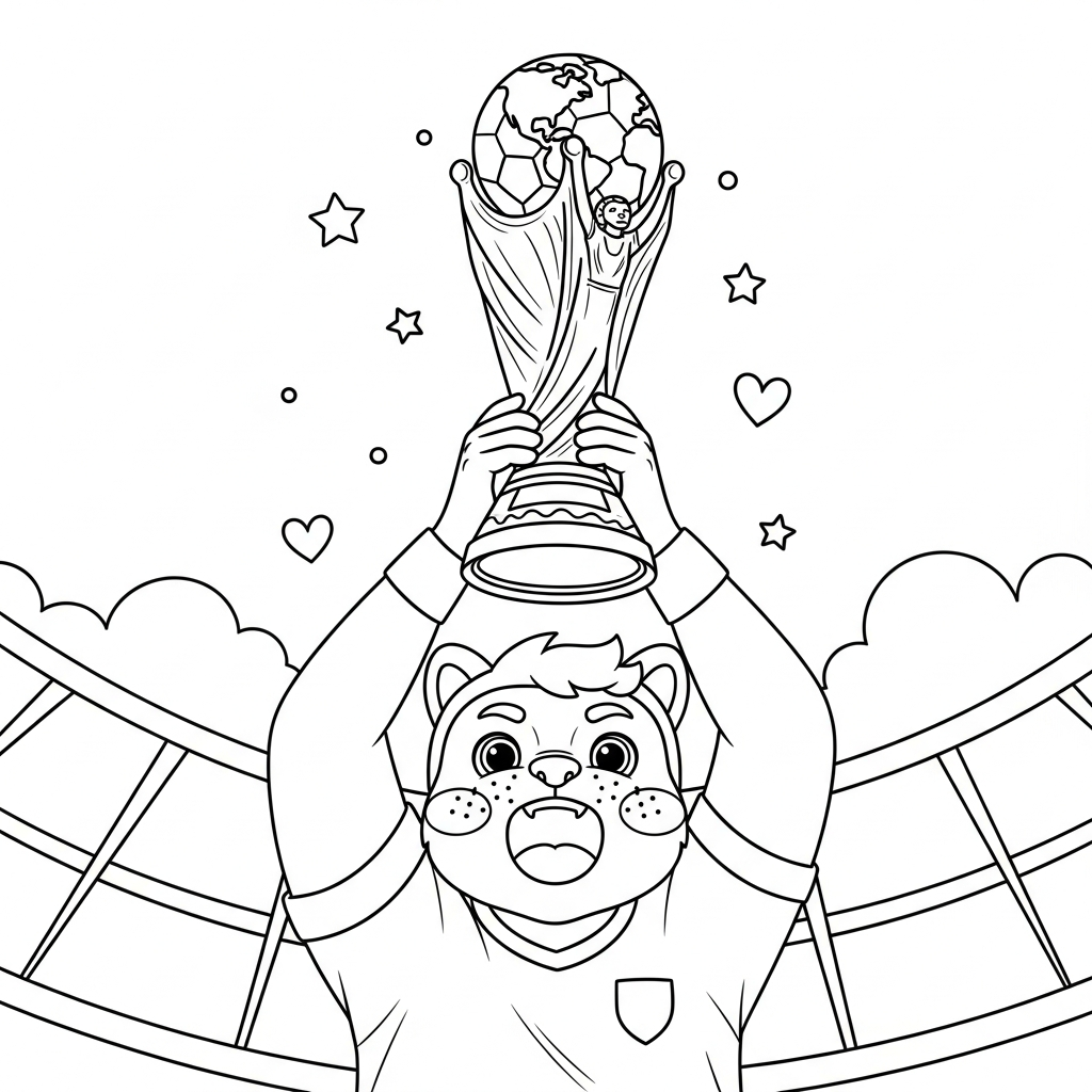 Desenho de trofeu copa para colorir erguendo troféu acima da cabeça com estrelinhas e corações
