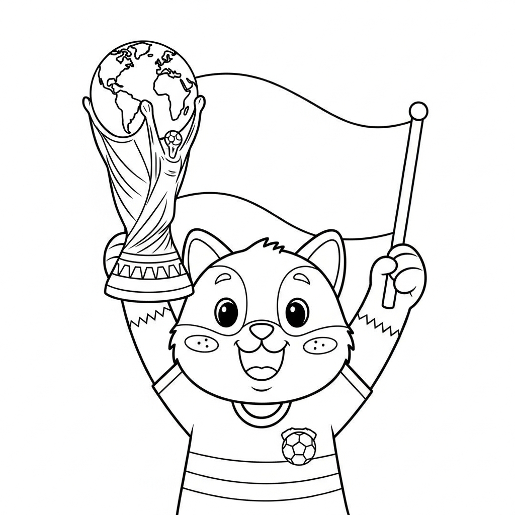 Desenho de trofeu copa para colorir torcendo com bandeira hasteada e bandeirinhas flutuando