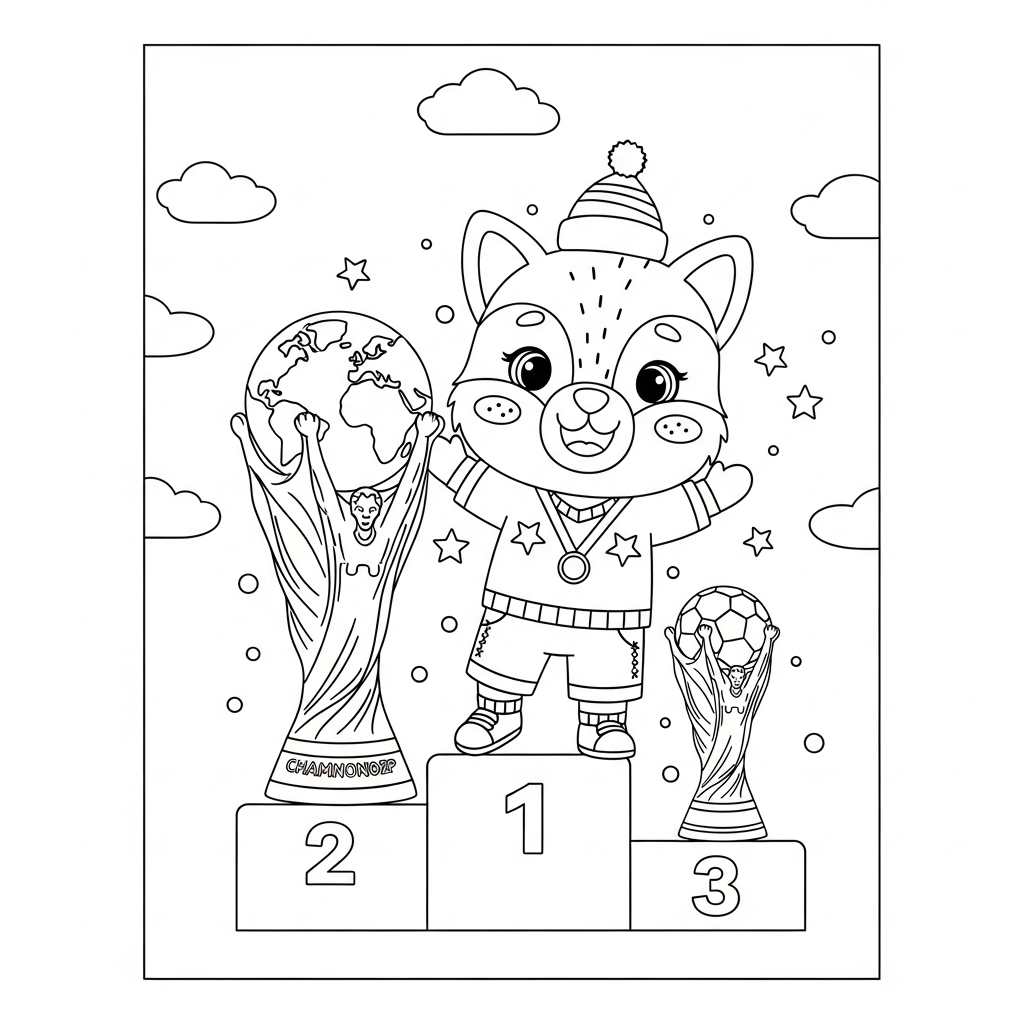 Desenho de trofeu copa para colorir subindo no pódio de premiação