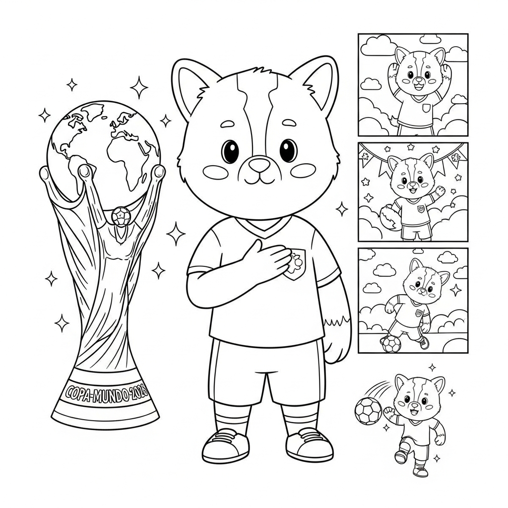 Desenho de troféu-copa para colorir com mão no peito, bolas e estrelas decorativas.