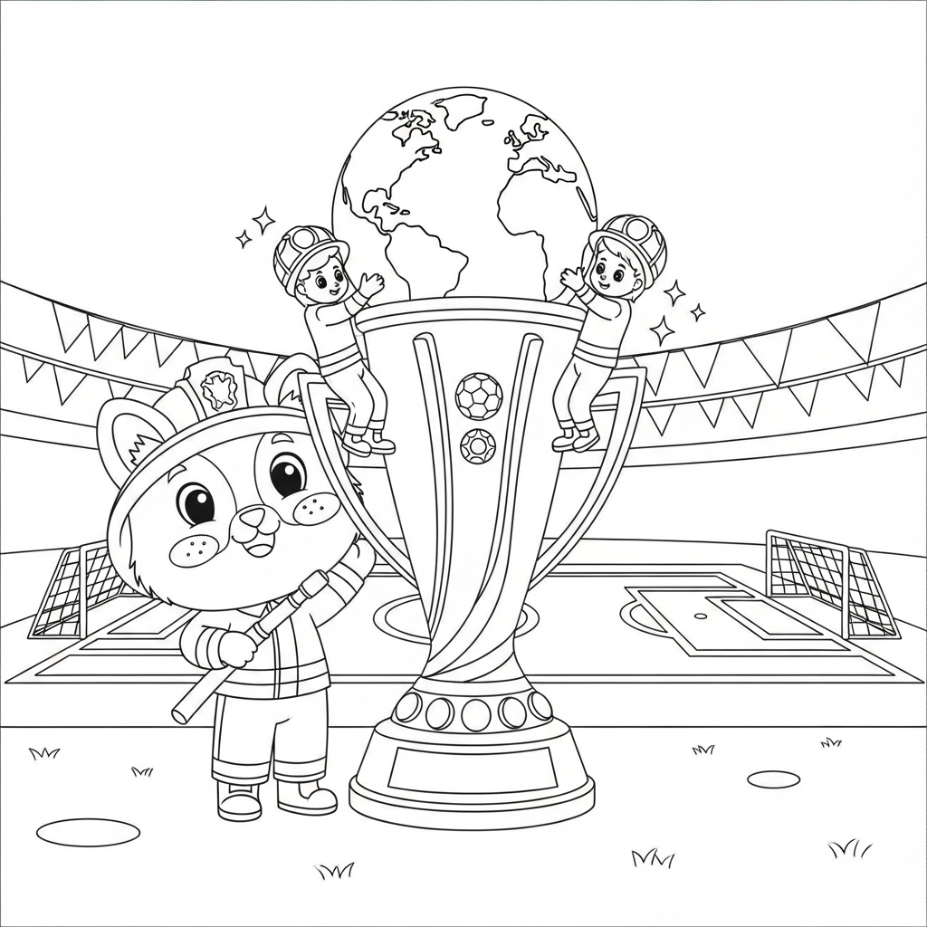 Desenho de trofeu copa para colorir vestido de bombeiro com mangueira no campo de futebol