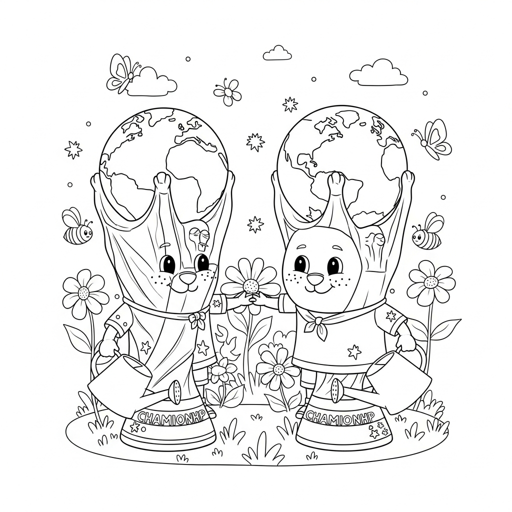 Desenho de troféu-copa para colorir vestido de jardineiro com regador no jardim