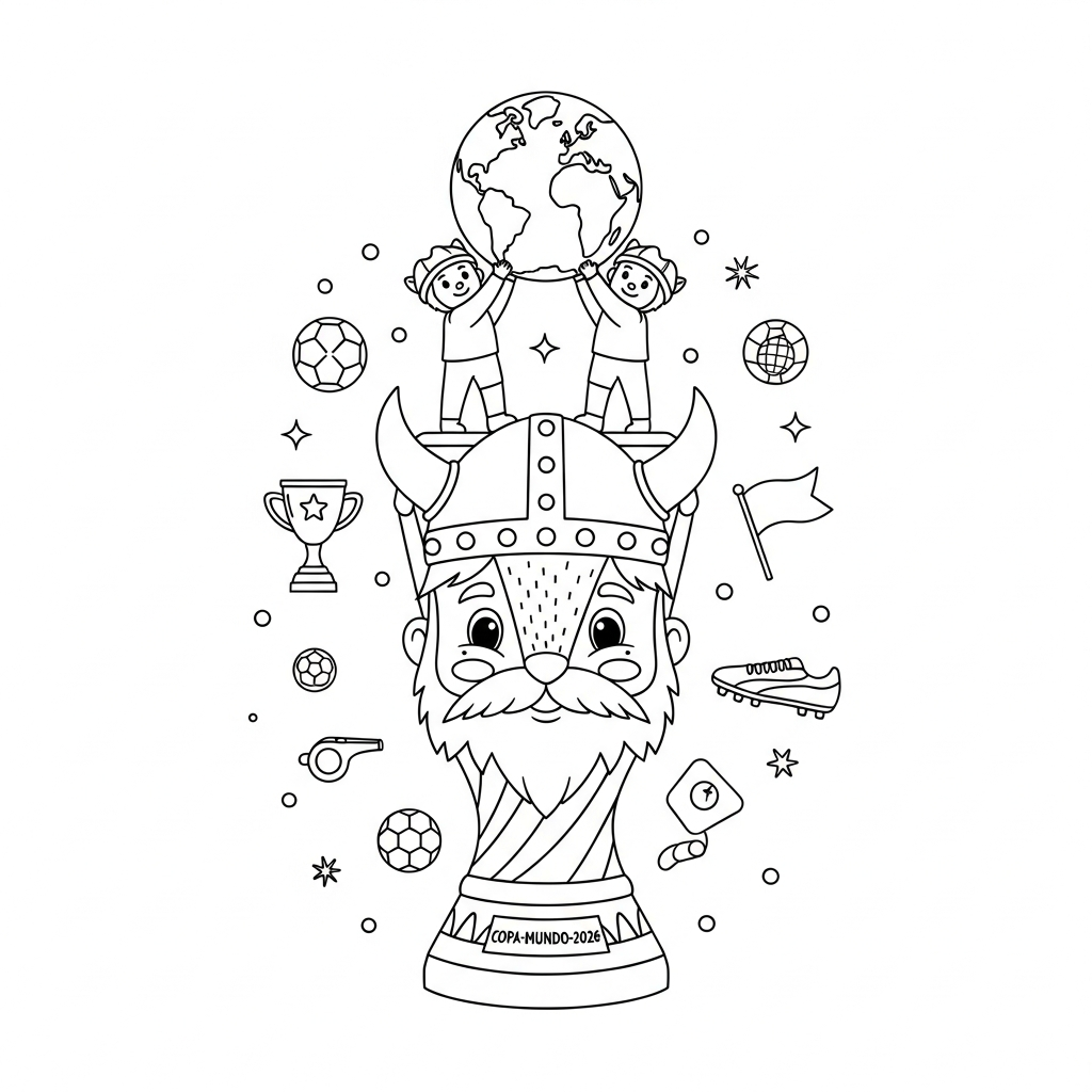 Desenho de trofeu copa para colorir vestido de viking treinando em campo gramado vazio