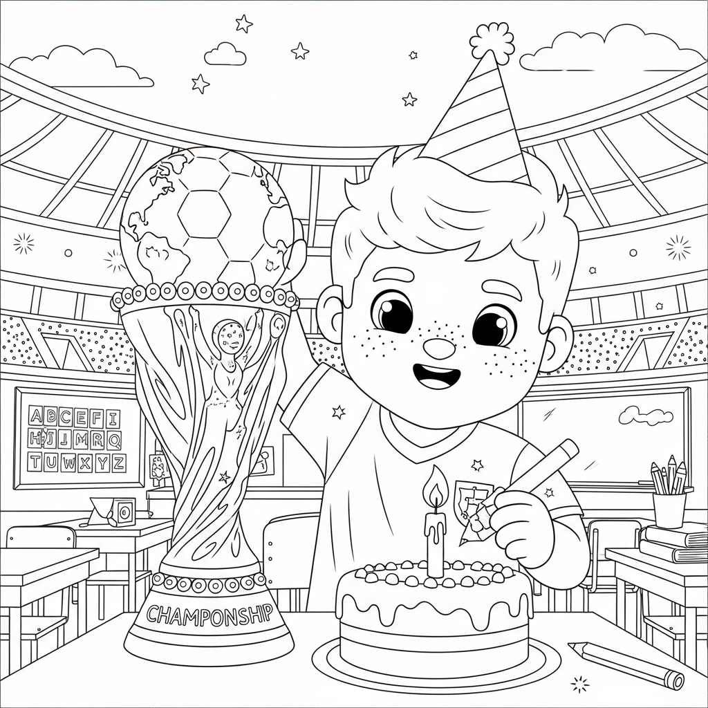 Desenho de trofeu copa para colorir acendendo vela em bolo na sala de aula com lousa