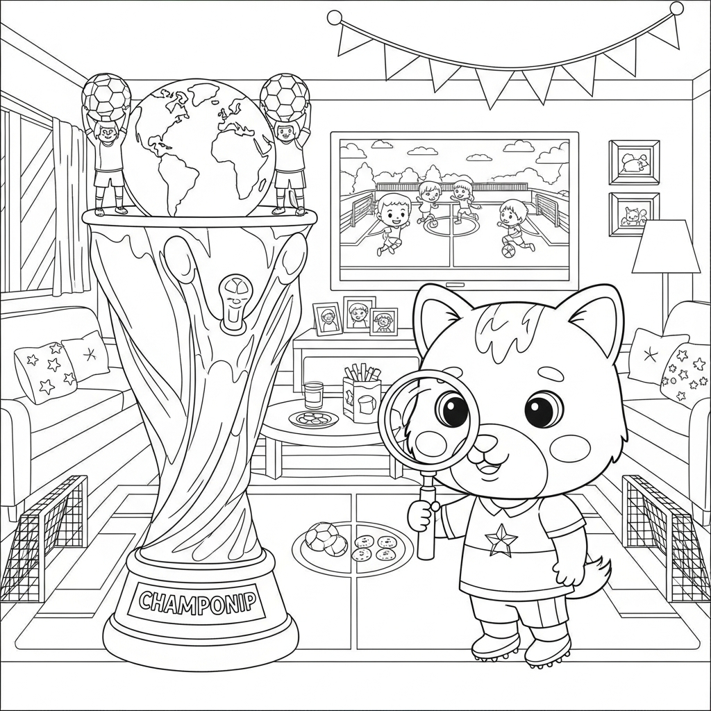 Desenho de trofeu copa para colorir segurando lupa investigando na sala com TV grande
