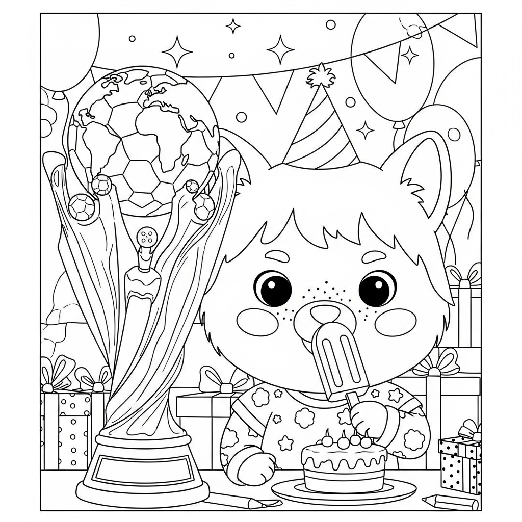 Desenho de trofeu copa para colorir segurando picolé em festa de aniversário