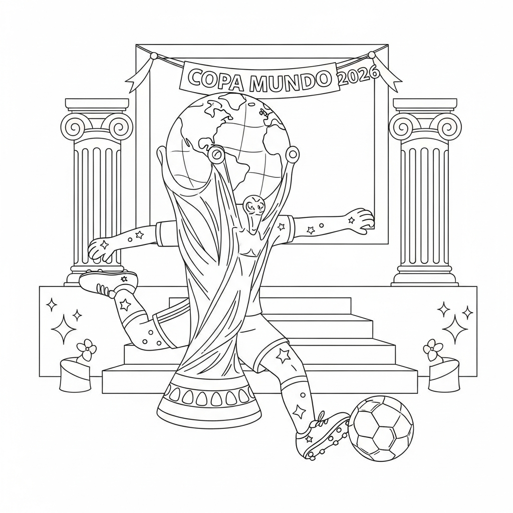Desenho de trofeu copa para colorir chutando bola com força no pódio com banner da Copa