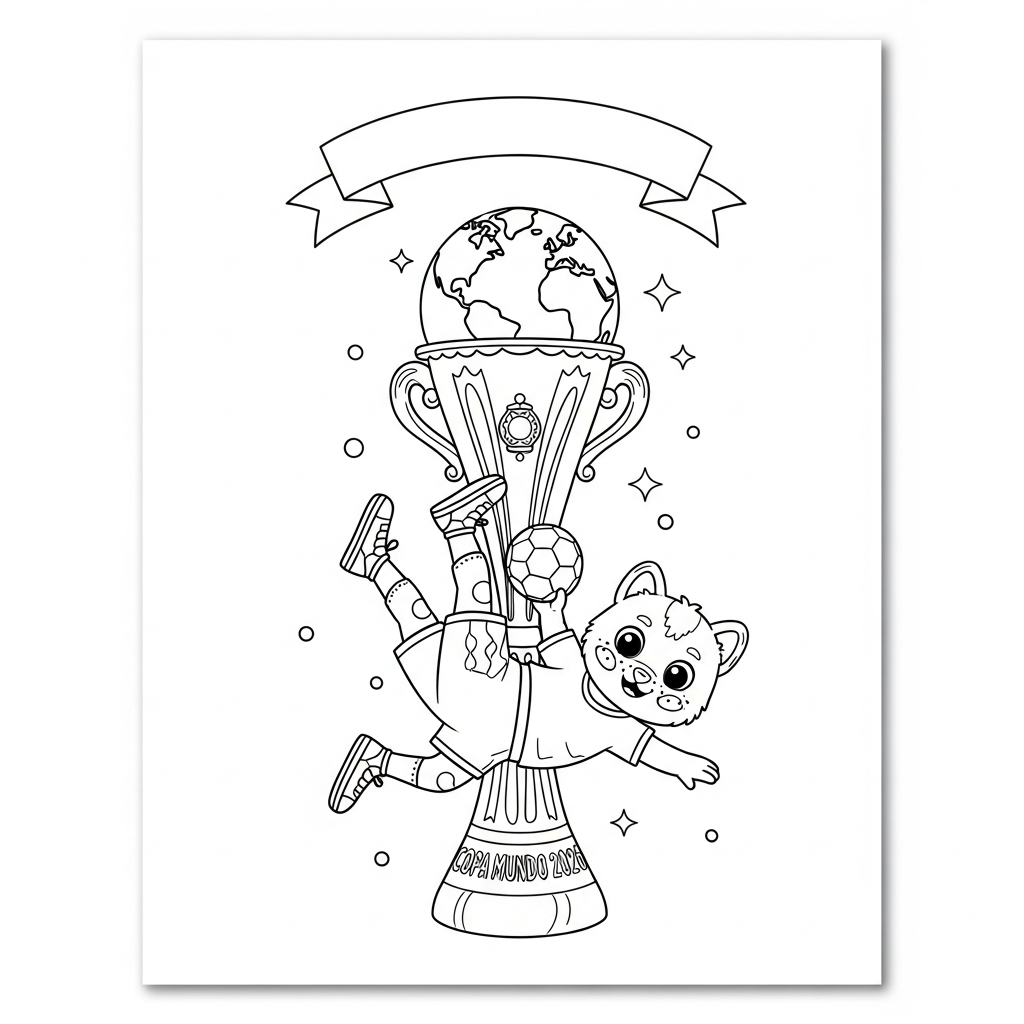 Desenho de troféu-copa para colorir chutando de bicicleta no ar na praia com palmeiras