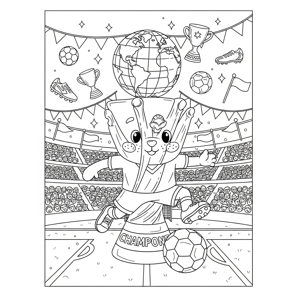Desenho de trofeu copa para colorir fazendo elástico em estádio lotado visto da arquibancada