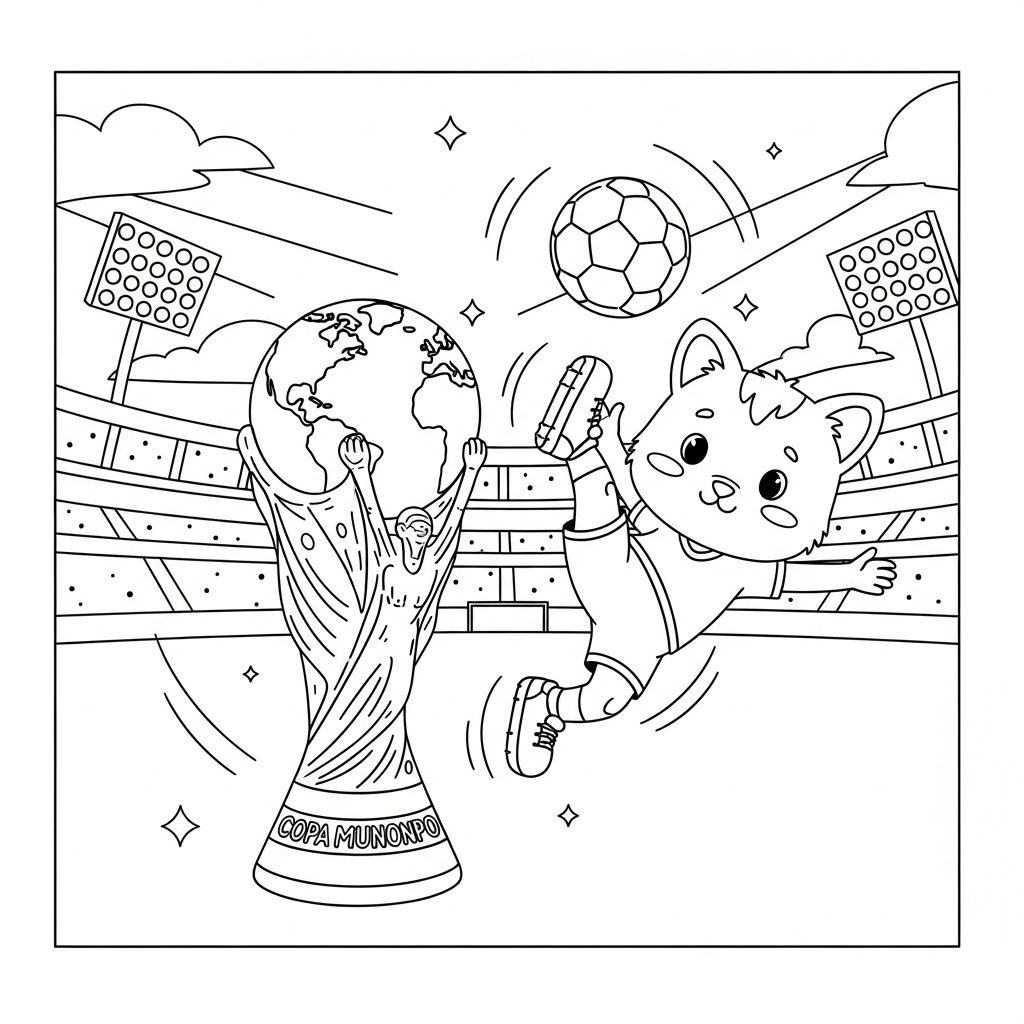 Desenho de trofeu copa para colorir fazendo lambreta em estádio iluminado à noite.