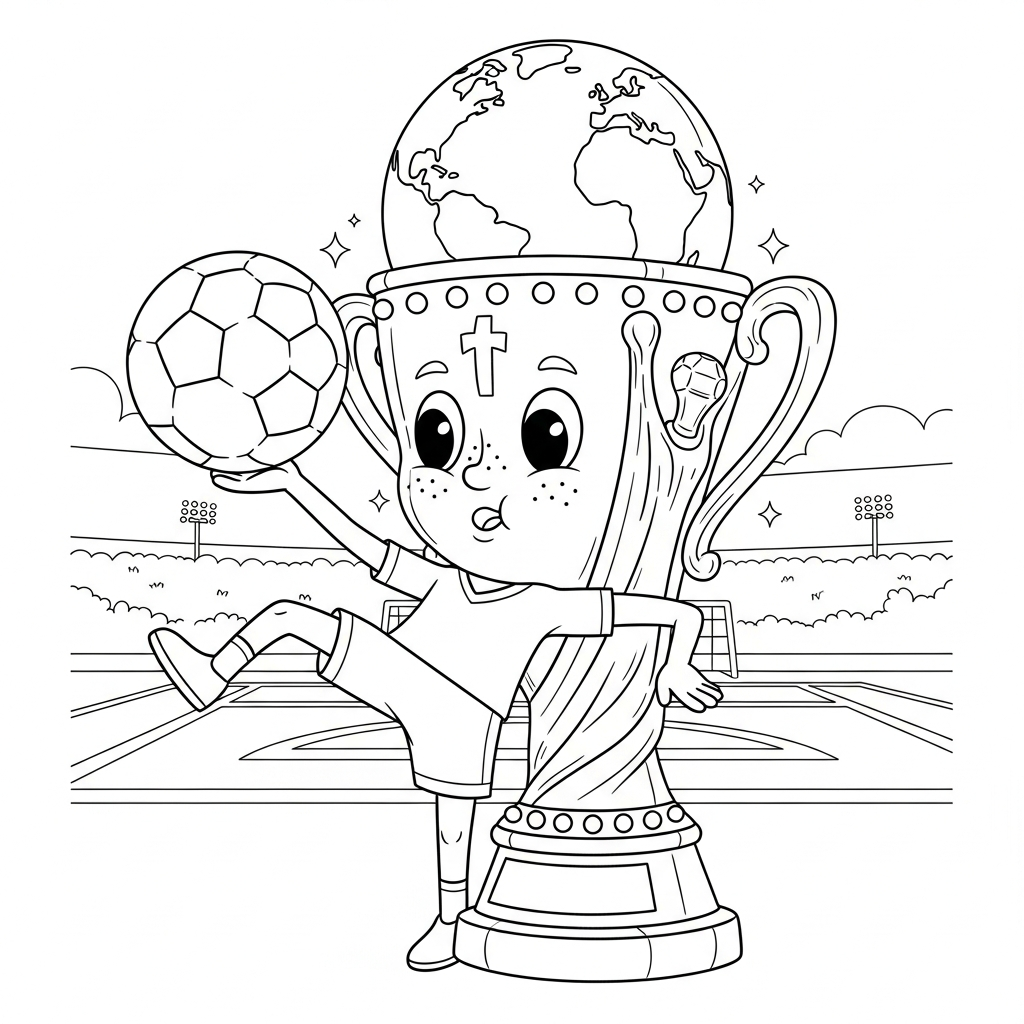 Desenho de trofeu copa para colorir amortecendo bola na coxa no campo de futebol com gols ao fundo