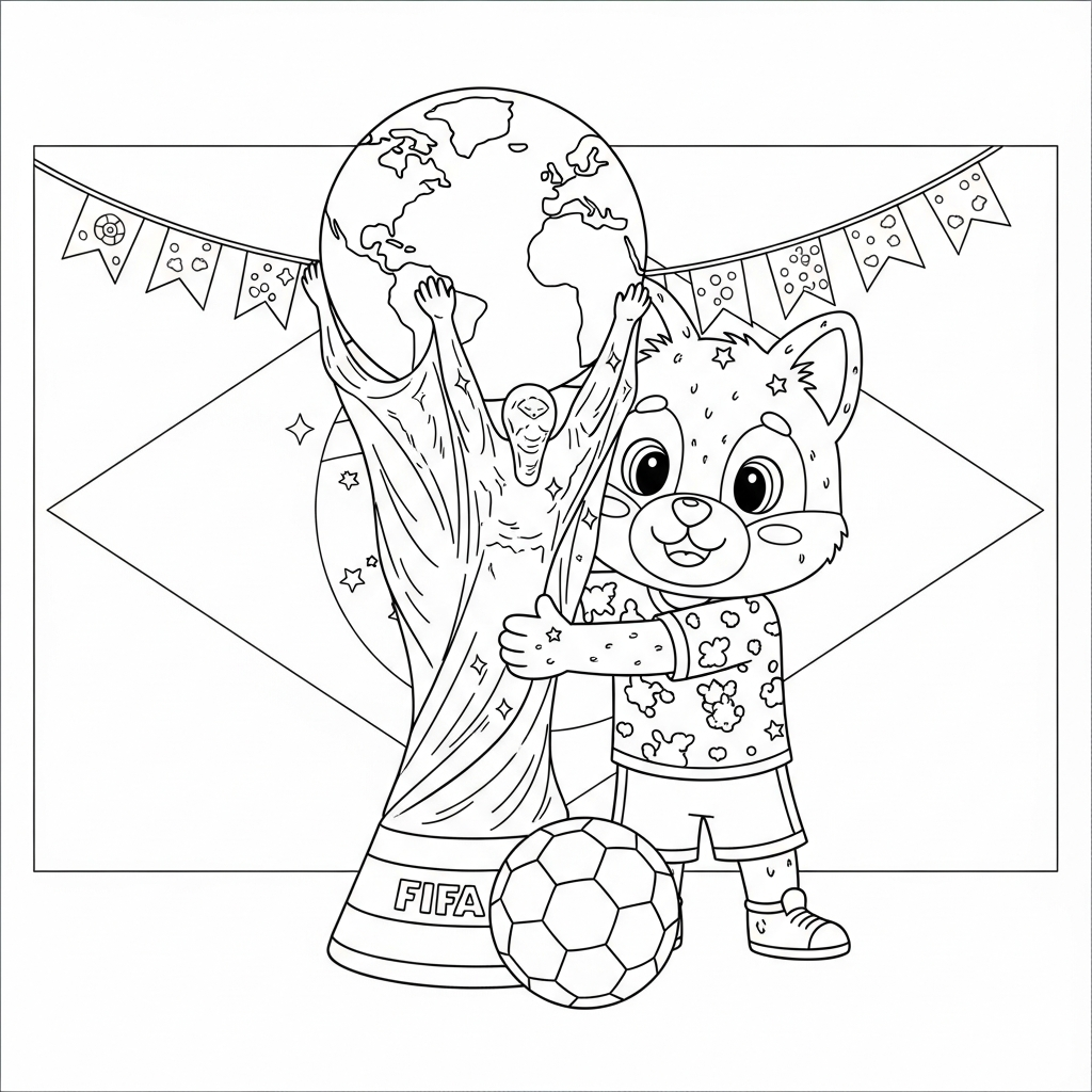 Desenho de trofeu copa para colorir protegendo a bola em treino no campo gramado vazio.