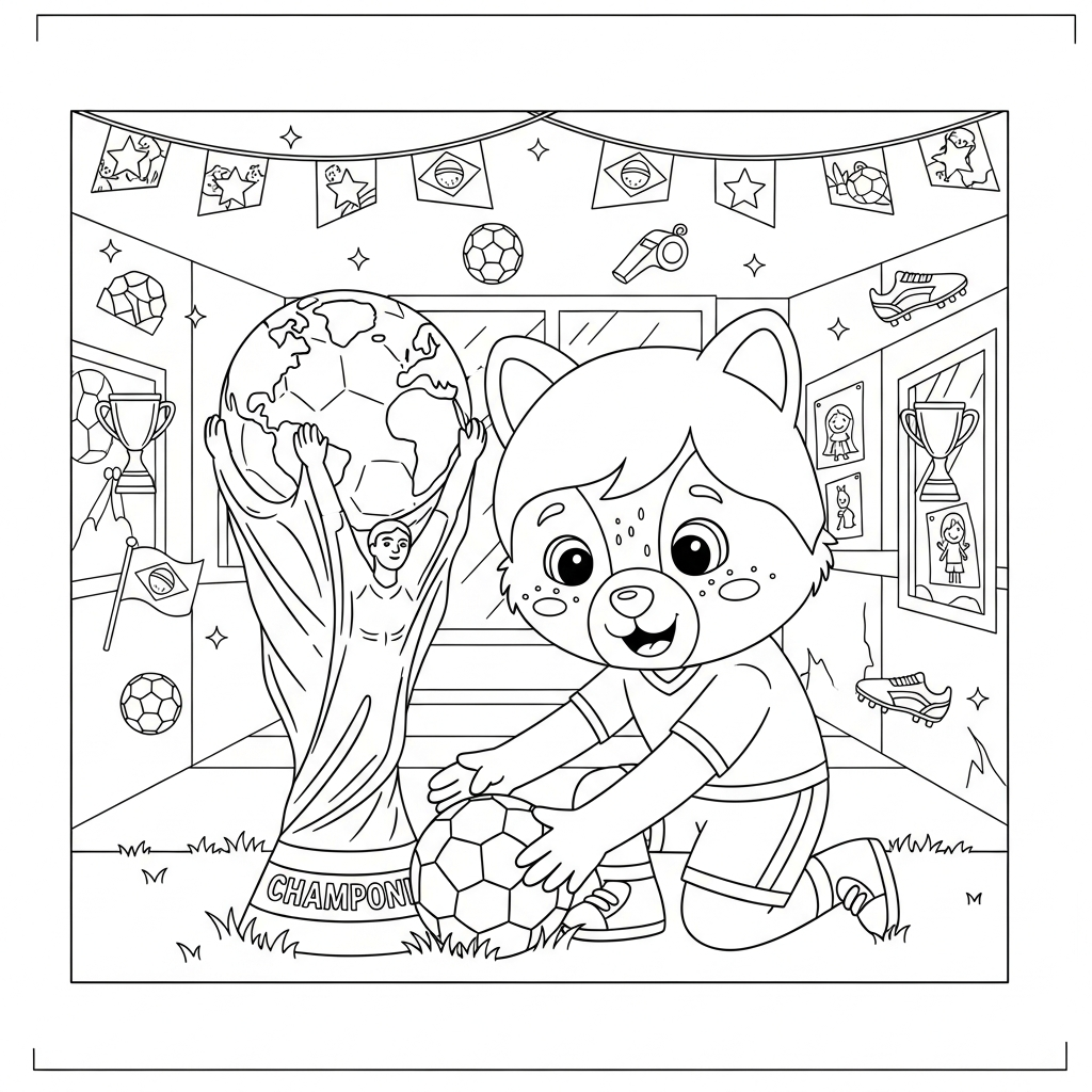 Desenho de troféu-copa para colorir arrumando bola para falta na escola com bandeirinhas.