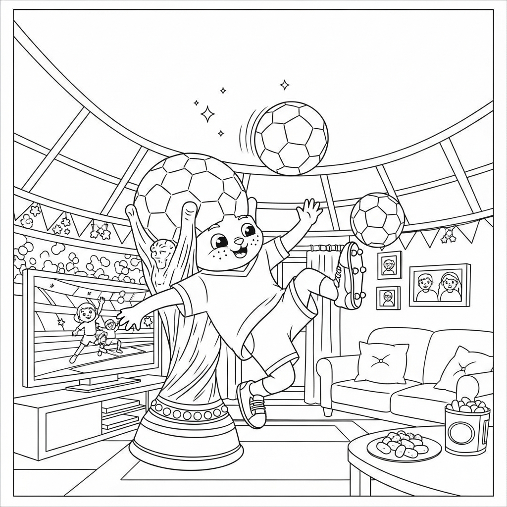 Desenho de trofeu copa para colorir interceptando passe na sala com TV grande.