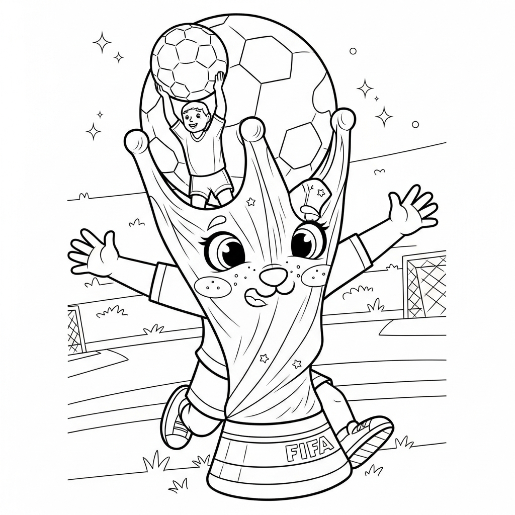 Desenho de trofeu copa para colorir voando como avião no campo de futebol.