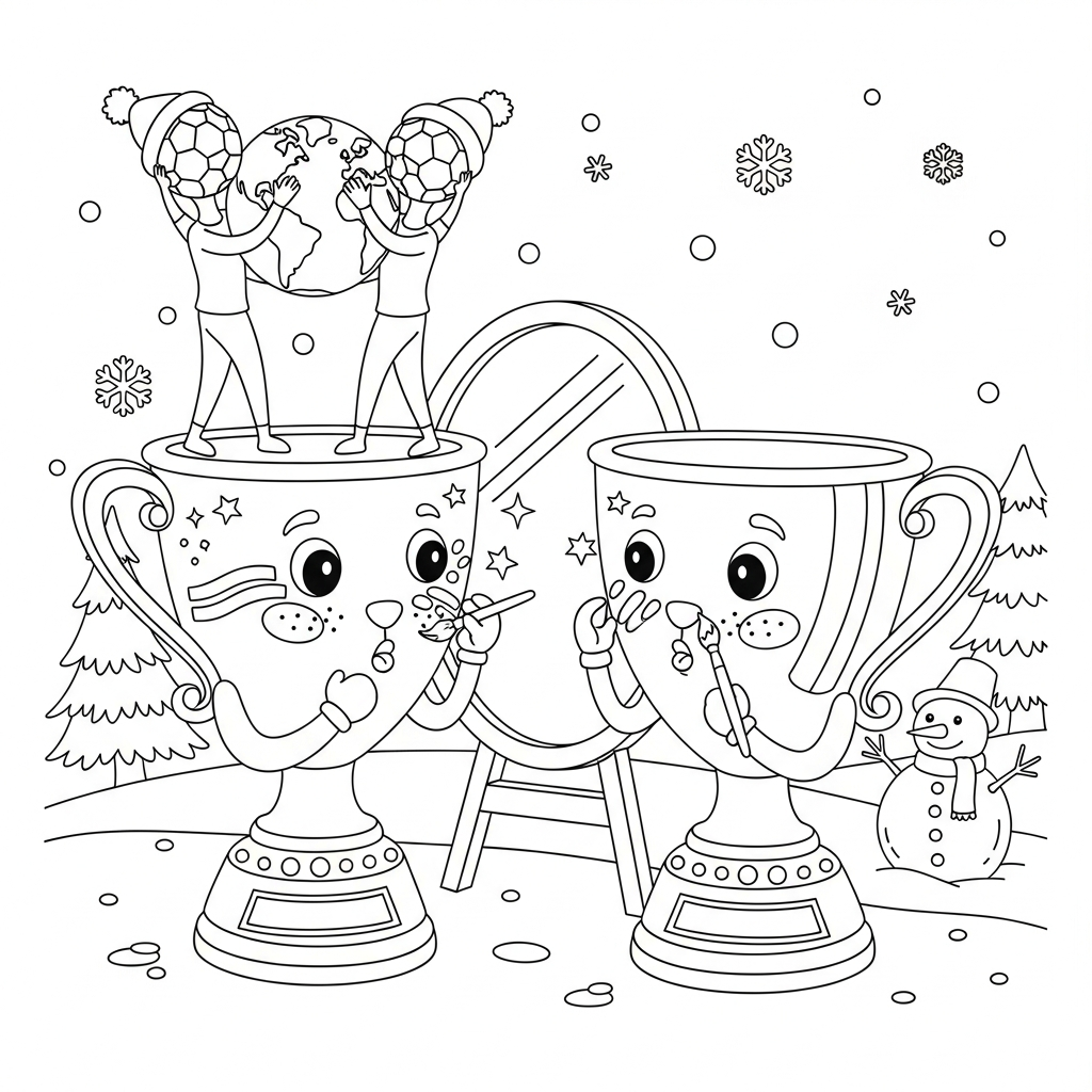 Desenho de trofeu copa para colorir pintando o rosto em paisagem nevada com pinheiros