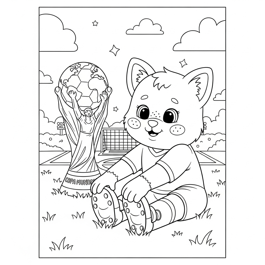 Desenho de trofeu copa para colorir alongando perna sentado no campo de futebol com gols