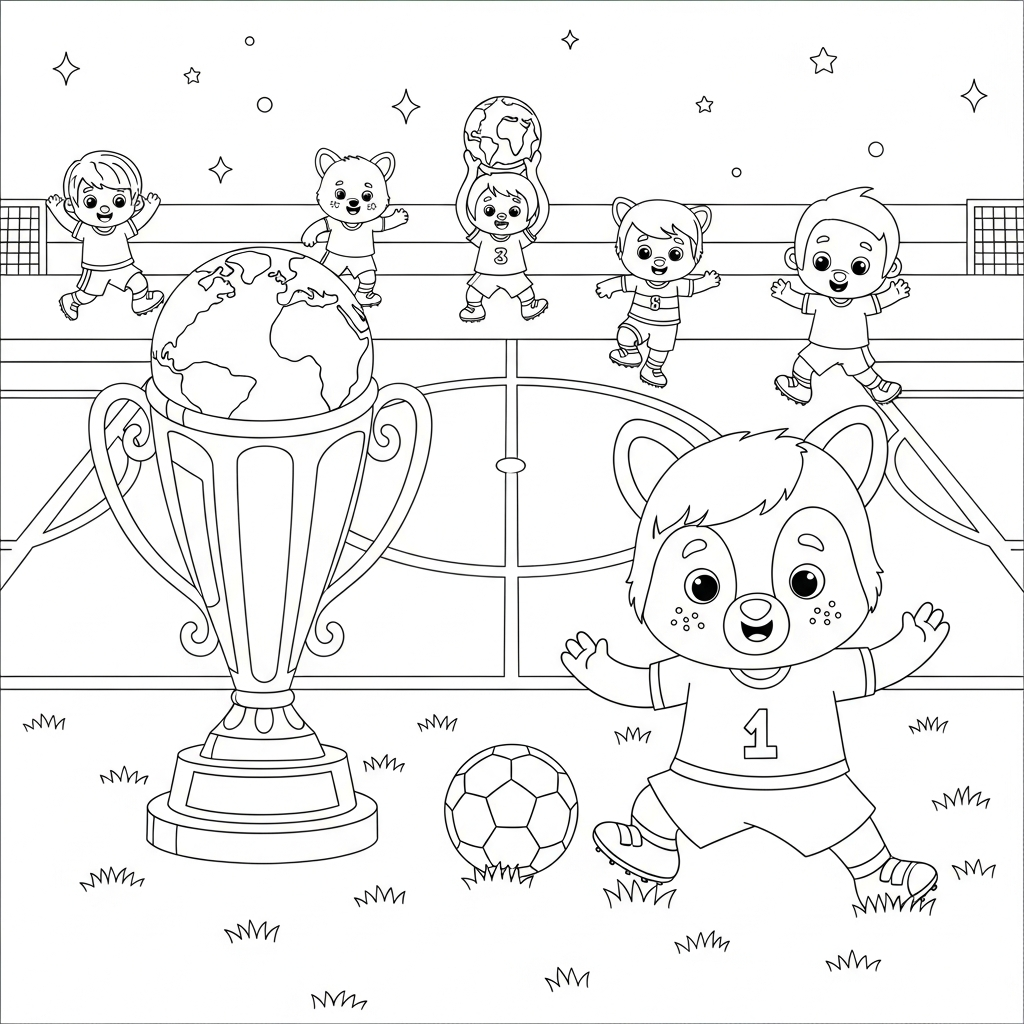 Desenho de trofeu copa para colorir fazendo polichinelo no círculo central do campo