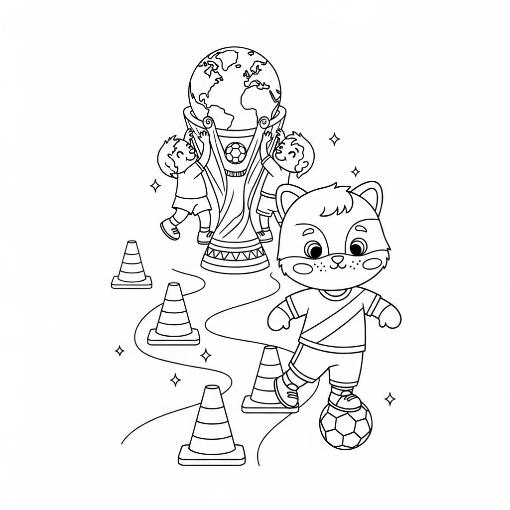 Desenho de troféu-copa para colorir driblando entre cones na cozinha decorada
