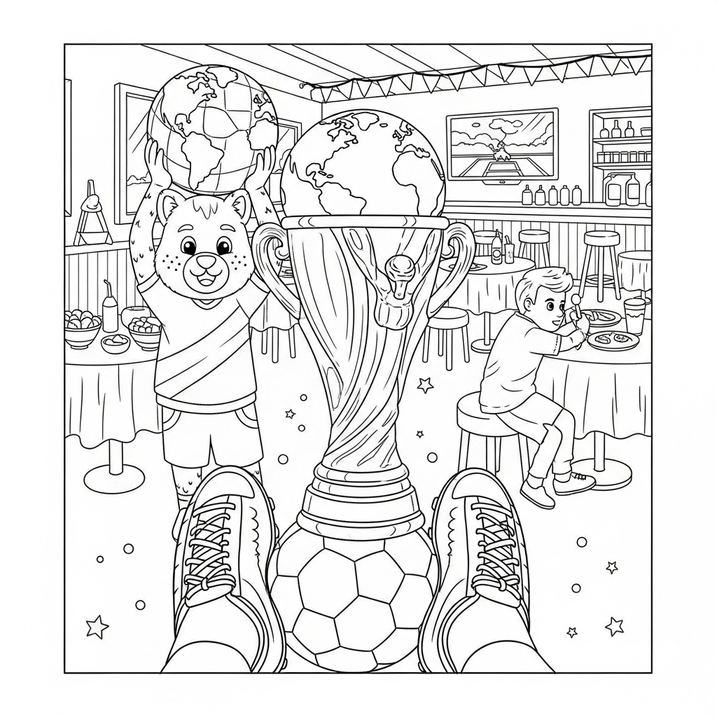 Desenho de trofeu copa para colorir correndo zigue-zague entre cones em lanchonete bar com TV ligada