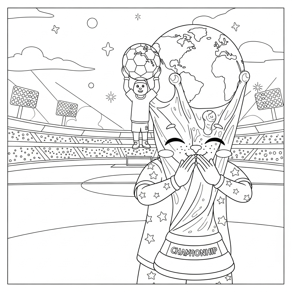 Desenho de trofeu copa para colorir pedindo desculpas após falta no estádio noturno iluminado
