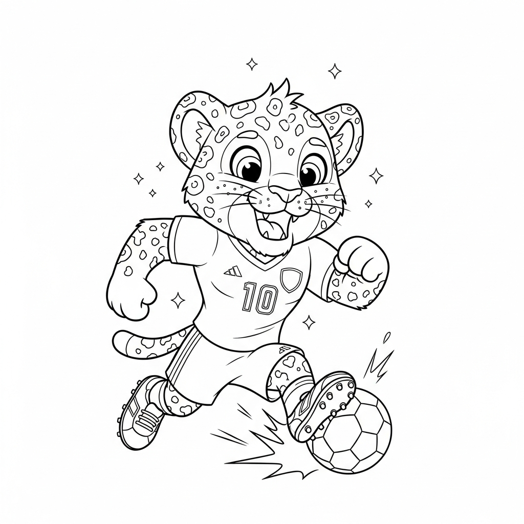 Desenho de zayu mascote copa 2026 para colorir bocejando, se espreguiçando entre bandeirinhas flutuantes.