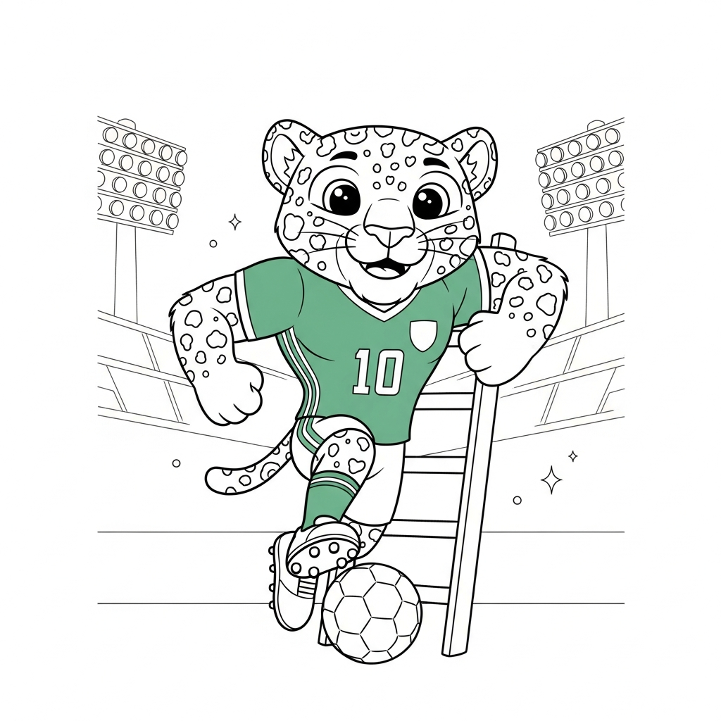 Desenho de Zayu mascote Copa 2026 para colorir subindo escada com bolas e estrelas