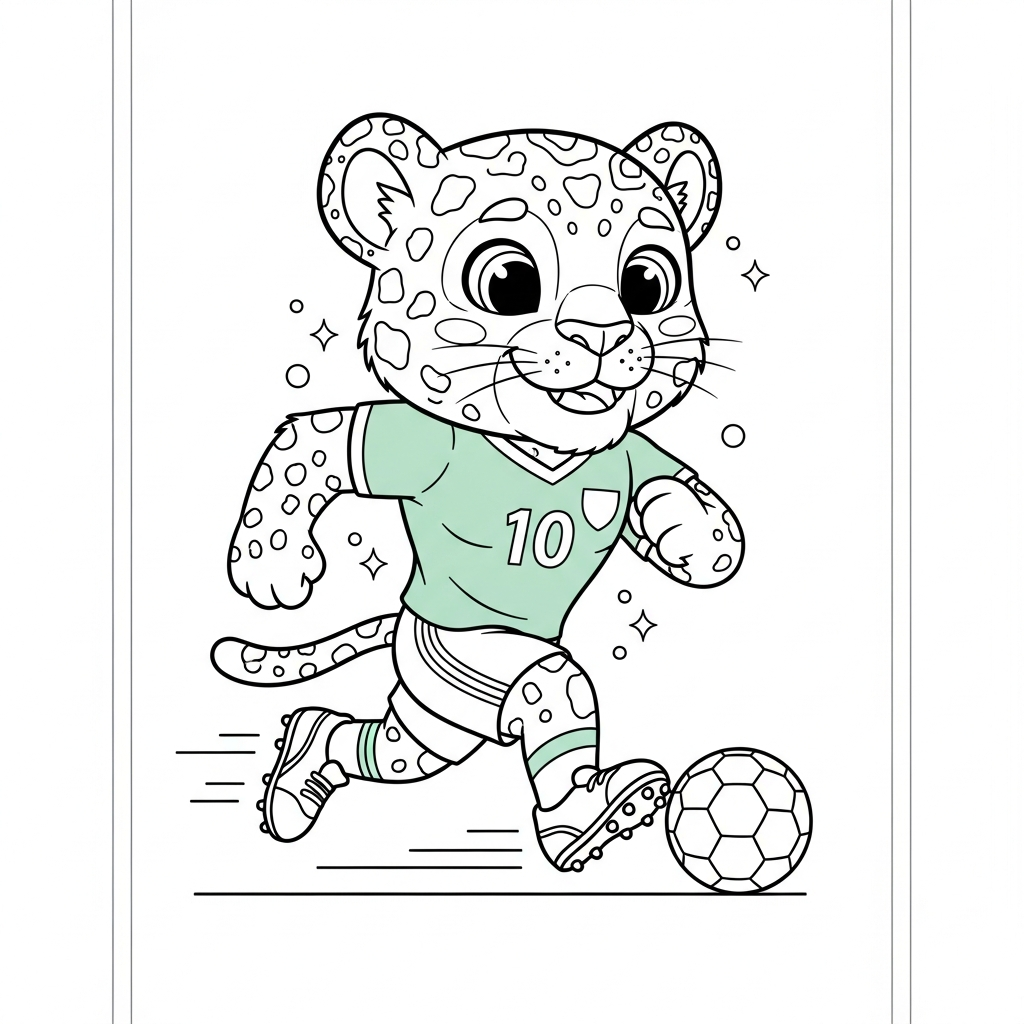 Desenho de Zayu mascote Copa 2026 para colorir correndo com bola e cone